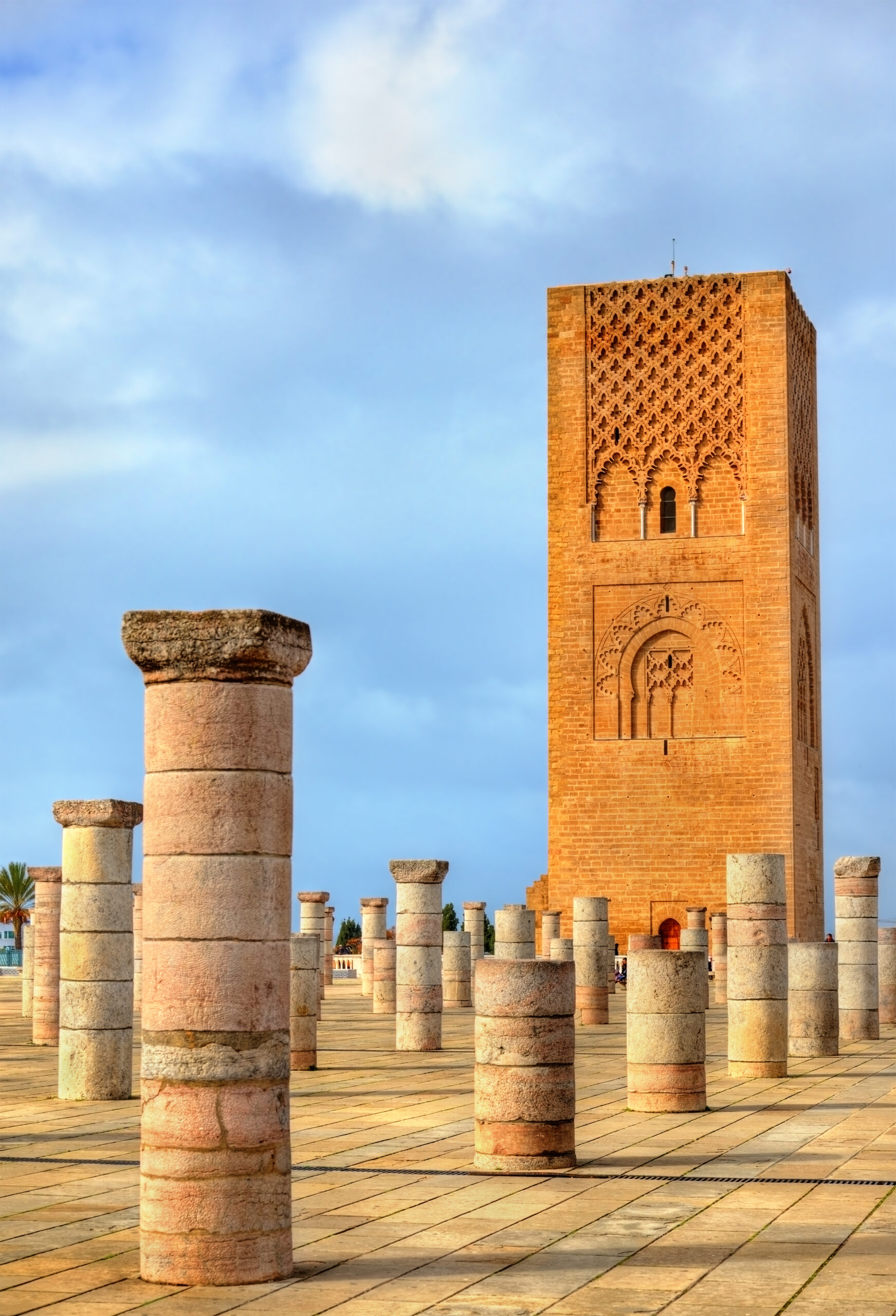 Hassan Tower, the minaret of an incomplete mosque in Rabat, Morocco