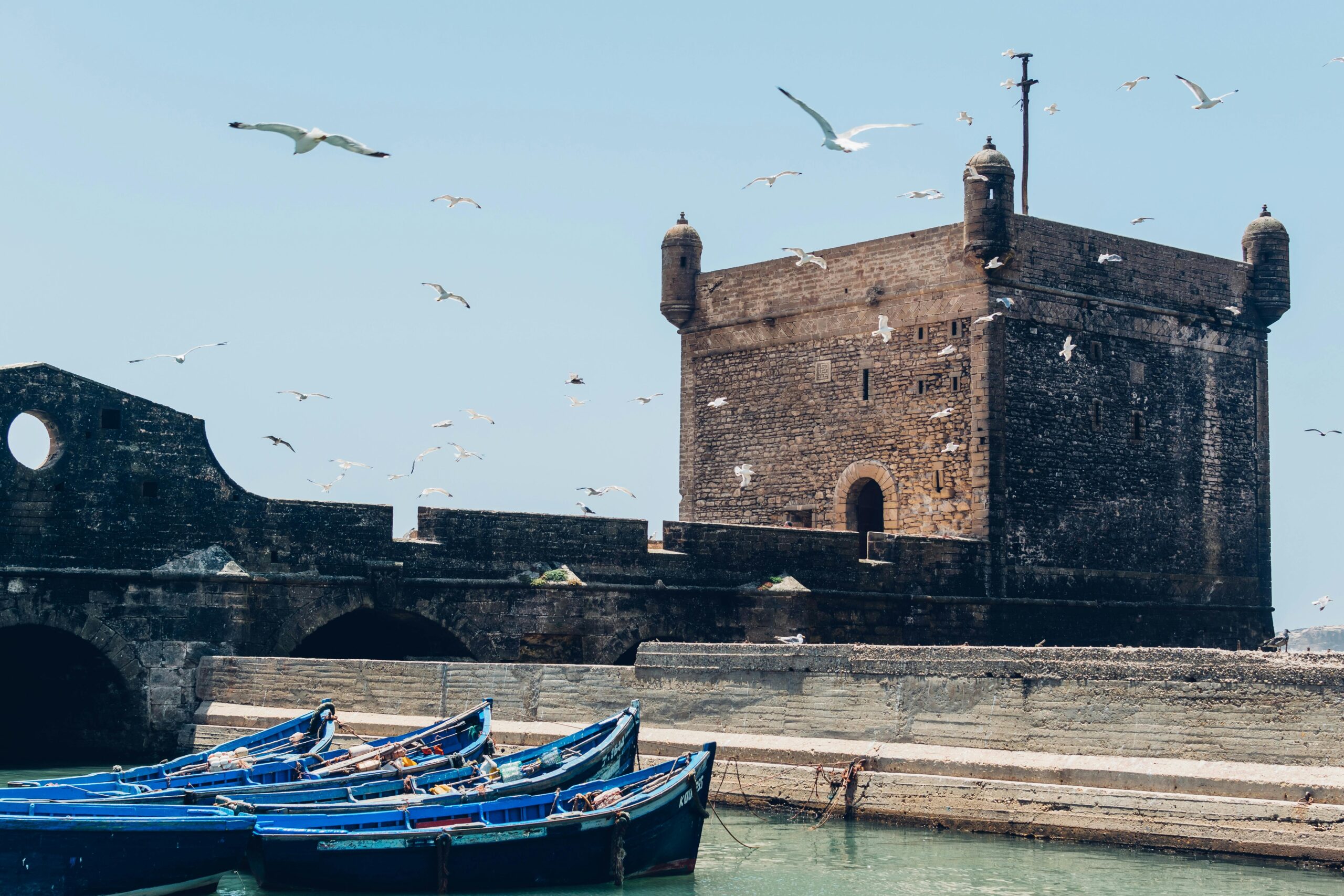 pexels-photo-255545-255545 A scenic view of the Essaouira citadel with seagulls in flight and boats docked at the harbor.